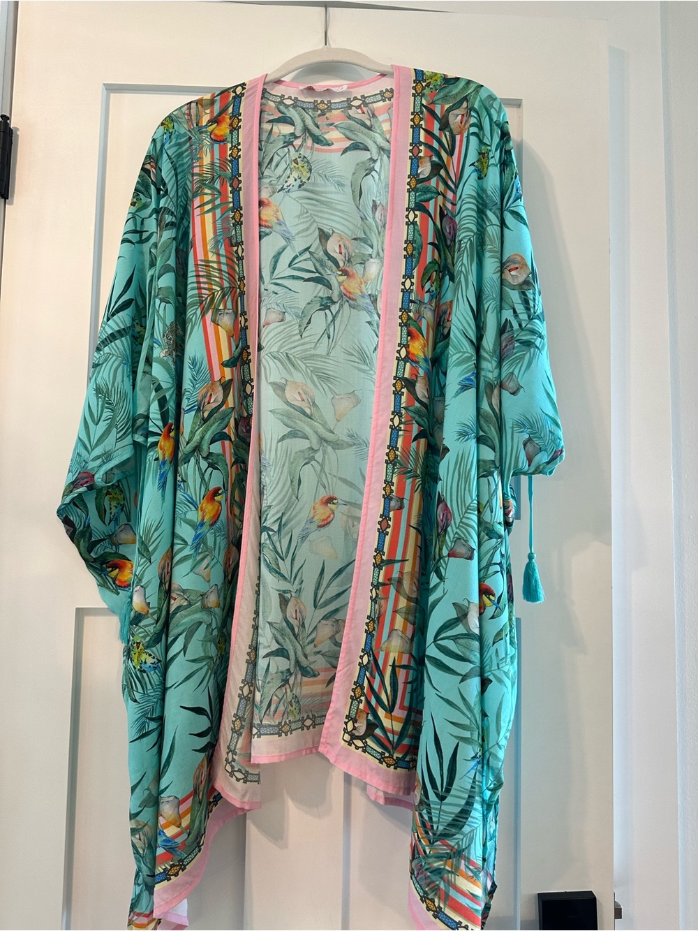 Johnny Was Tropical Print Kimono Cover-Up in Aqua with Pink Trim Size XS
